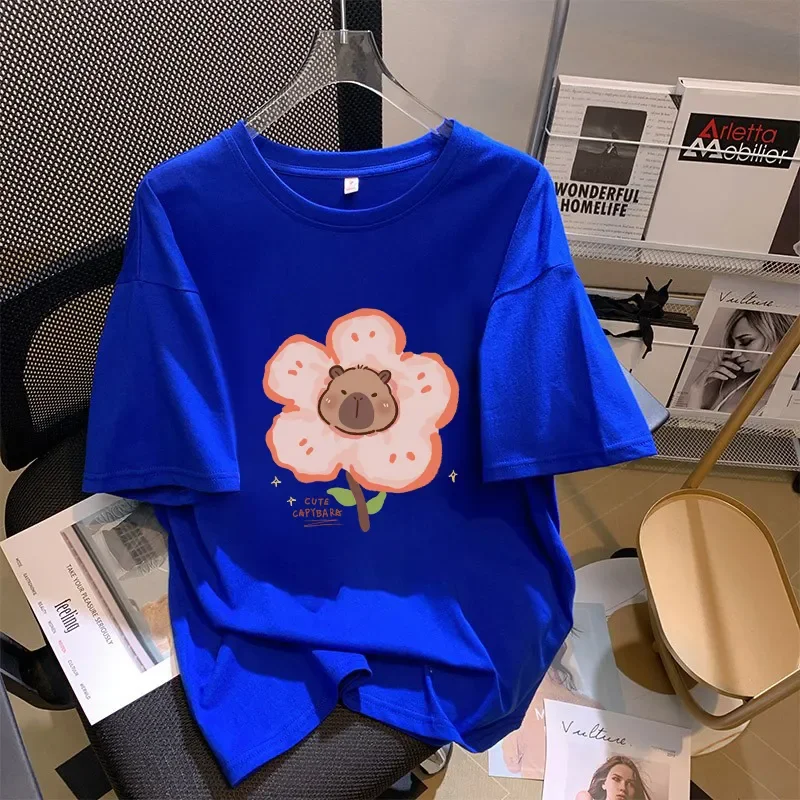 

Pink Flower Short-sleeved Pure Cotton T-shirt for Women New Summer 2025 Style Loose Slimming Fashionable Youthful Base Layer Top