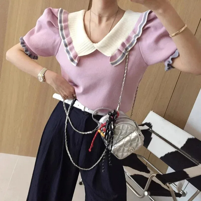 

Летний мягкий вязаный топ с кукольным воротником, женский корейский консервативный стиль, свободный крой с пышными рукавами, молодежные милые пуловеры с текстурированным дизайном