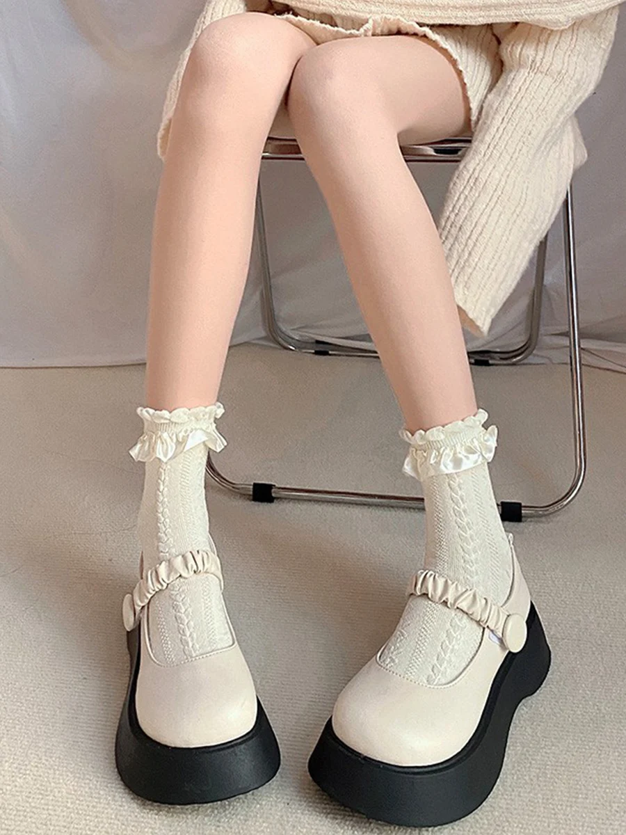 Lace Socks Women's PureColor Cotton Beige Texture Lace Mid-Calf Length Socks Thin Japanese Cute Thickened Four Seasons Universal