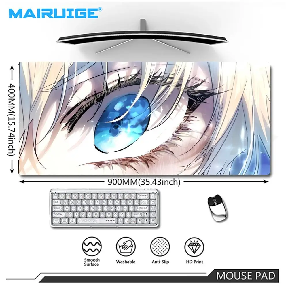 Blue Eye Butterfly Anime Large Desk Mat Delicate 2D Eye Illustration Non-Slip Stitched Edge Mouse Pad for Office Study Gaming