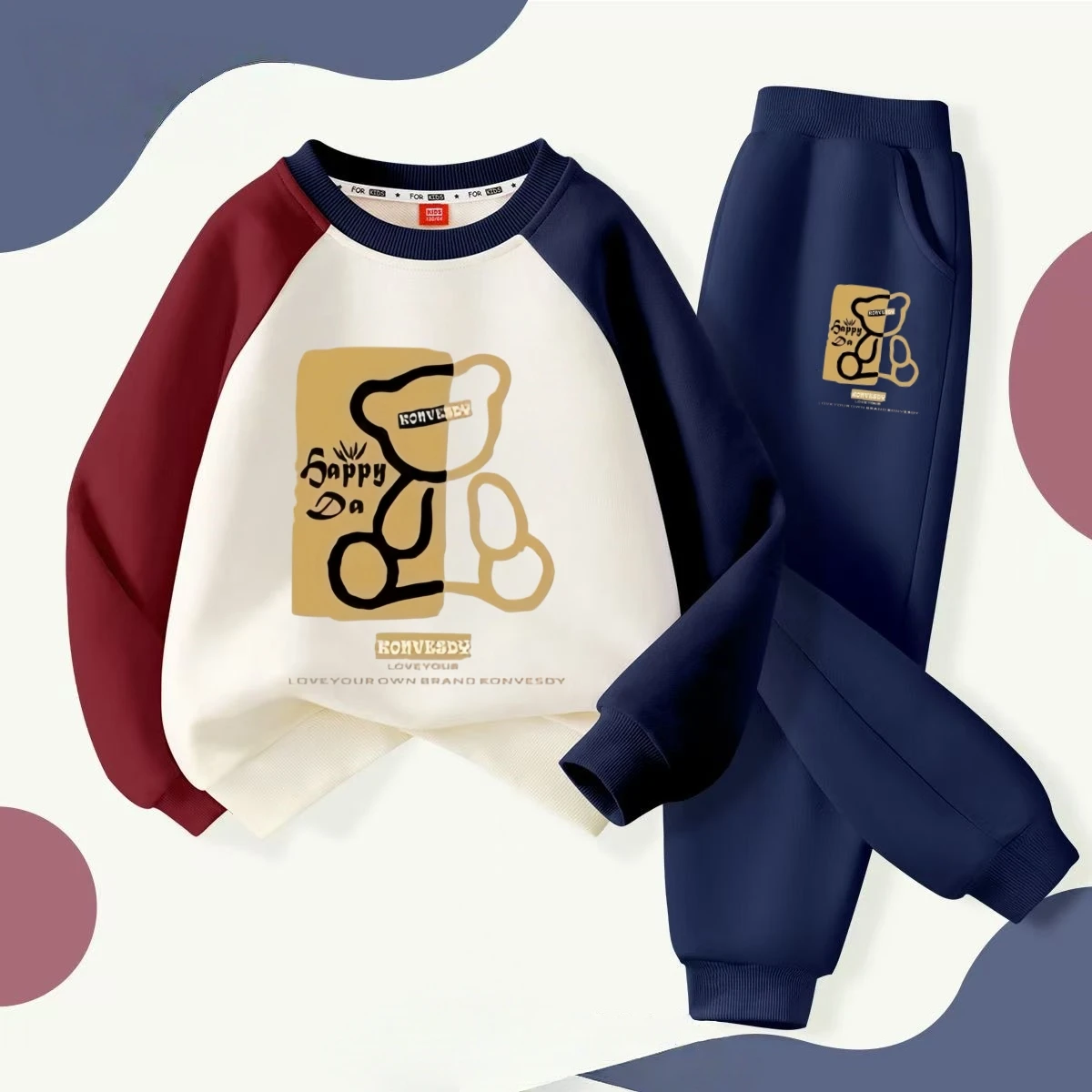 Conjunto de ropa con estampado de oso de dibujos animados para bebé, sudaderas de retales para niño y niña, jersey, Top y pantalones, traje de 2 uds., otoño