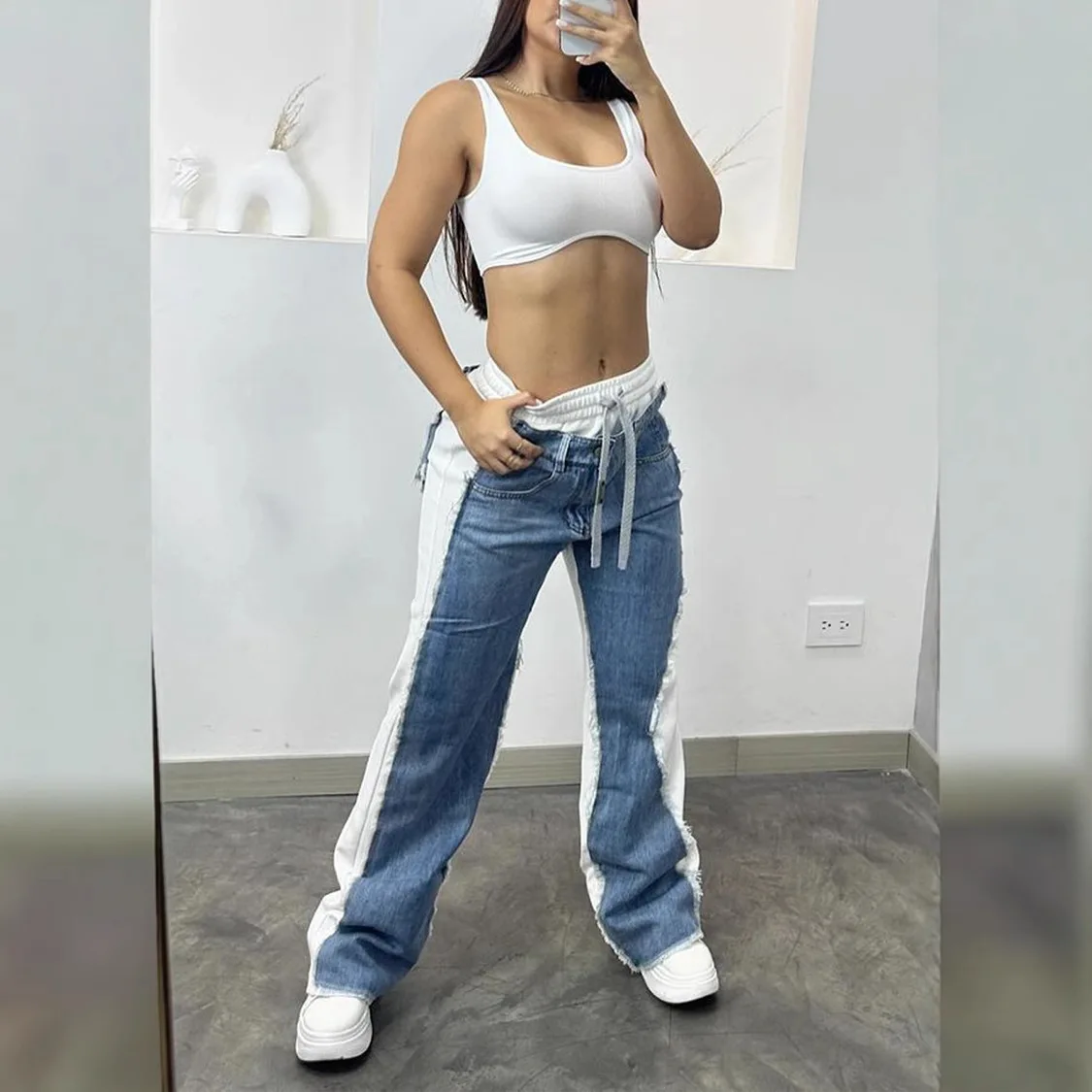 Jeans Women Casual Pants Y2k Streetwear Straight Patchwork High Elastic Waist Zipper Slight Strech Mom Spring Long Pants Capris