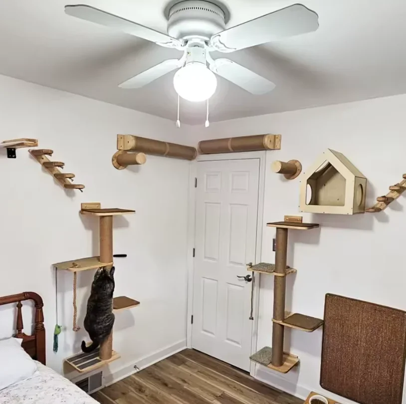 Cat Sky Park Wall-mounted Cat Tree Cat Jumping Platform Includes Sisal Scratching Board Suspension Bridge Soft Bed with Step