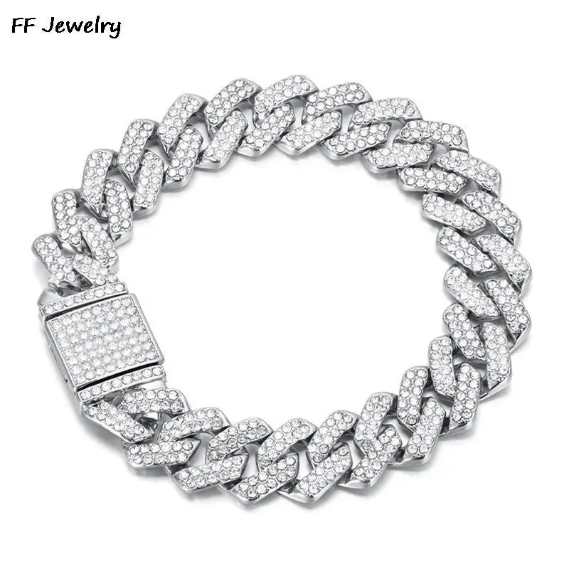 14mm Hip Hop Shiny Cuban Link Chain Bracelet Women Men Gold Color Rhinestone Iced Out Chain Bracelets Punk Wristband men Jewelry