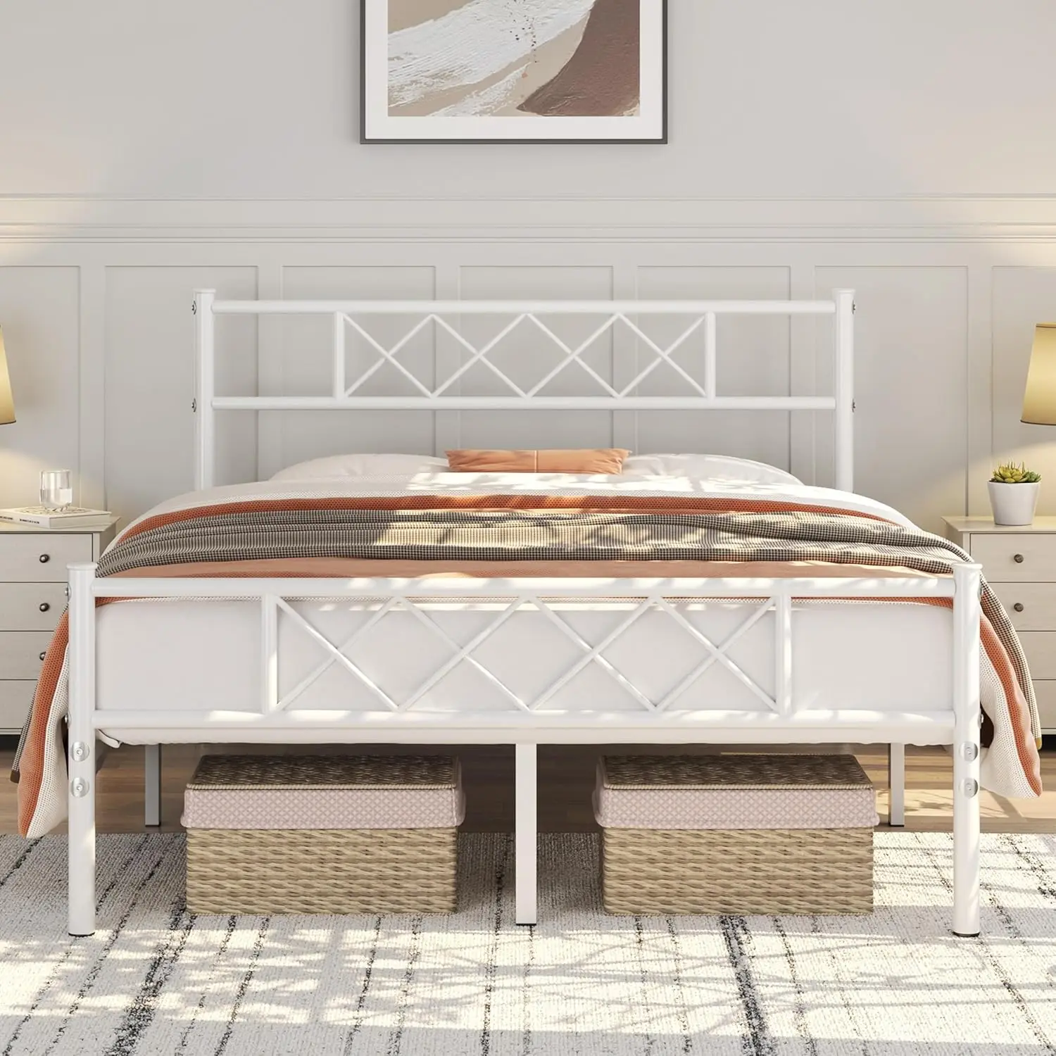

Queen Size Metal Bed Frame with Headboard, Under-Bed Storage, Easy Assembly, White