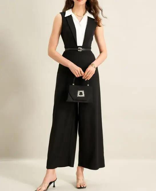 

Summer New Contrasting Lapel Splicing Sleeveless High Waisted Jumpsuit for Women's Temperament Commuting Style Jumpsuit