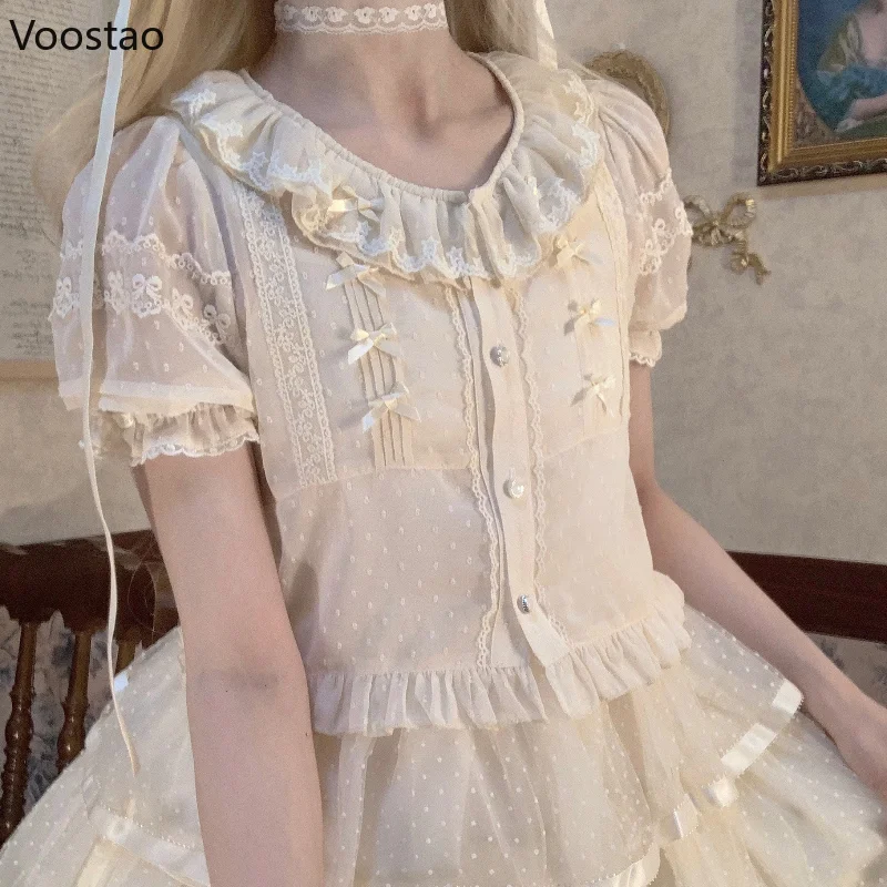 Sweet Lolita Chiffon Shirts Women Vintage Y2k Lace Ruffles Bow Short Sleeves Cute Blouses Japanese Kawaii Ruffles Collar Tops