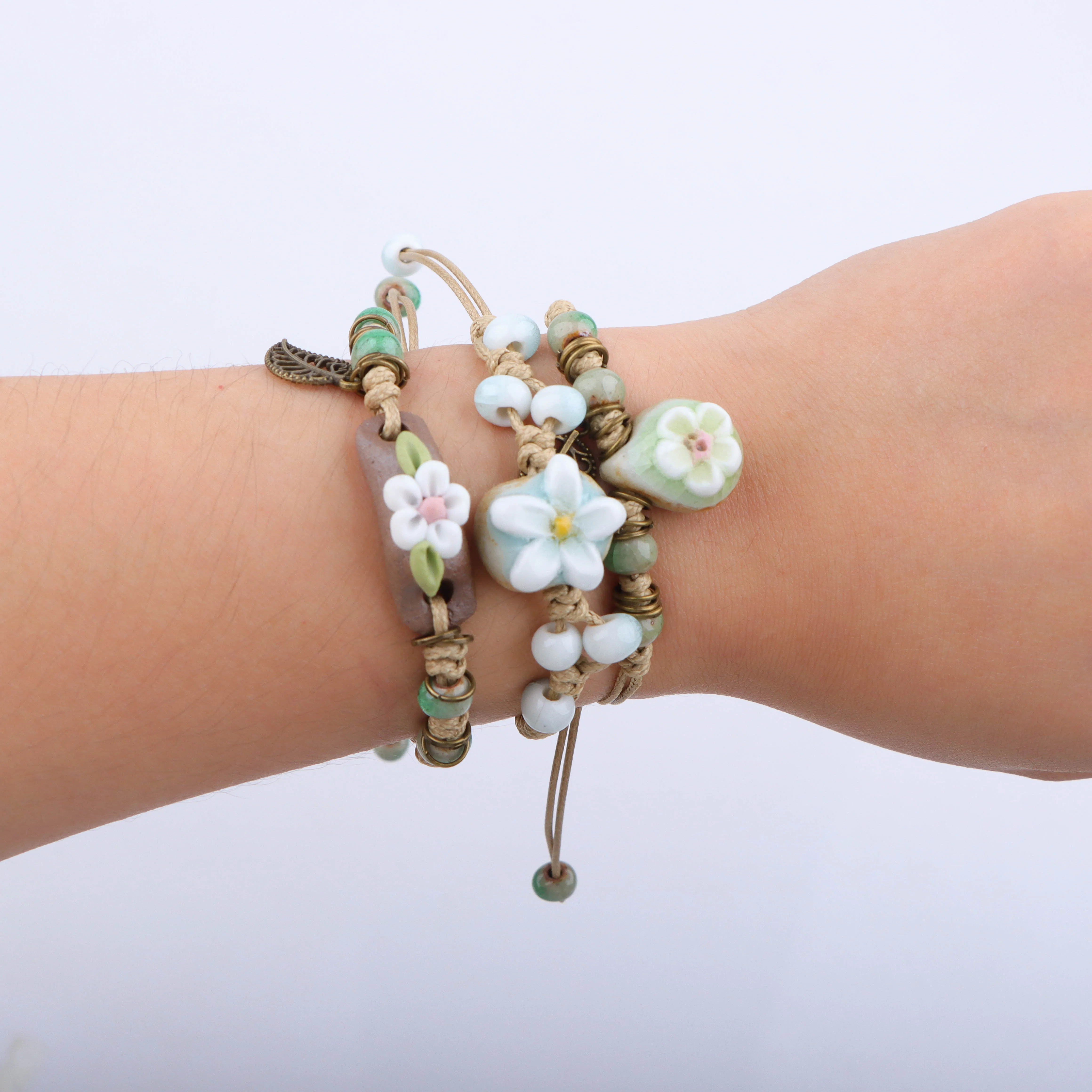 10Pcs/Lot Fashion Women\'s Woven Ceramics Bracelet Vintage Dried Flower Rope Men Jewelry Accessories Party Couple Friendship Gift