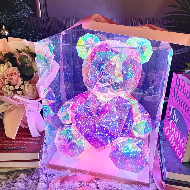 Colorful Glowing Cute Atmosphere, Heart Hugging Teddy Bear Holiday Gift Creative Set, Lighting Gift Box, Valentine's Day Gift