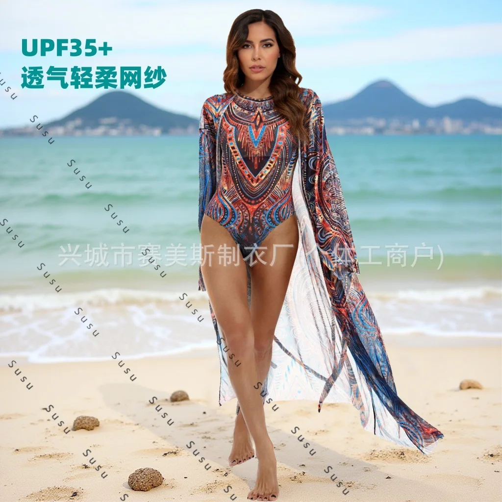 

Новый сетчатый солнцезащитный крем с длинными рукавами, блузка, купальник, цельный купальник русский Amazon, женский купальник