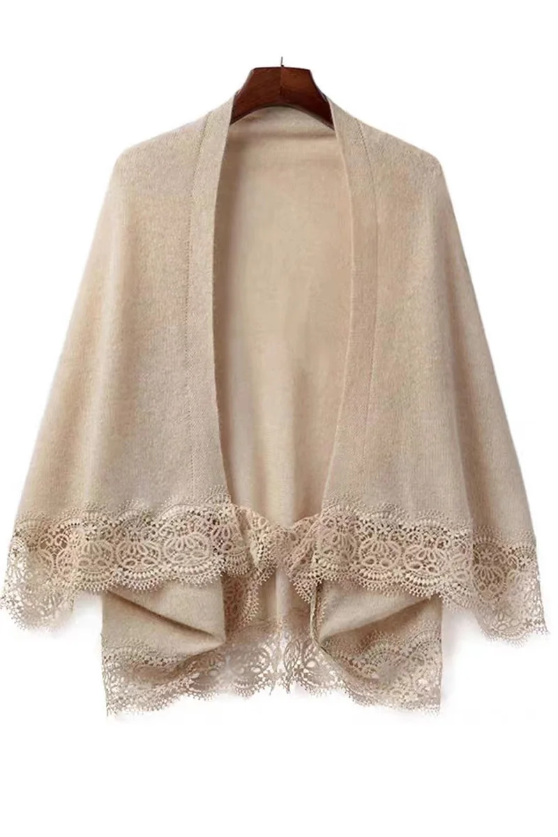

Женская шаль из 100% шерсти с кружевными краями, ветрозащитная, мягкая, теплая, роскошная, элегантная, однотонная, для банкета, верхняя одежда, кардиган для женщин, зима