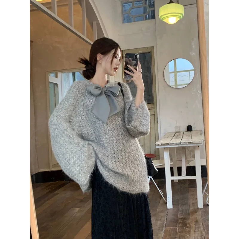 

Women's New Spliced pullover Bow Fashion Solid Color Loose and Versatile Casual Long-sleeved Knitted Long-sleeved Top