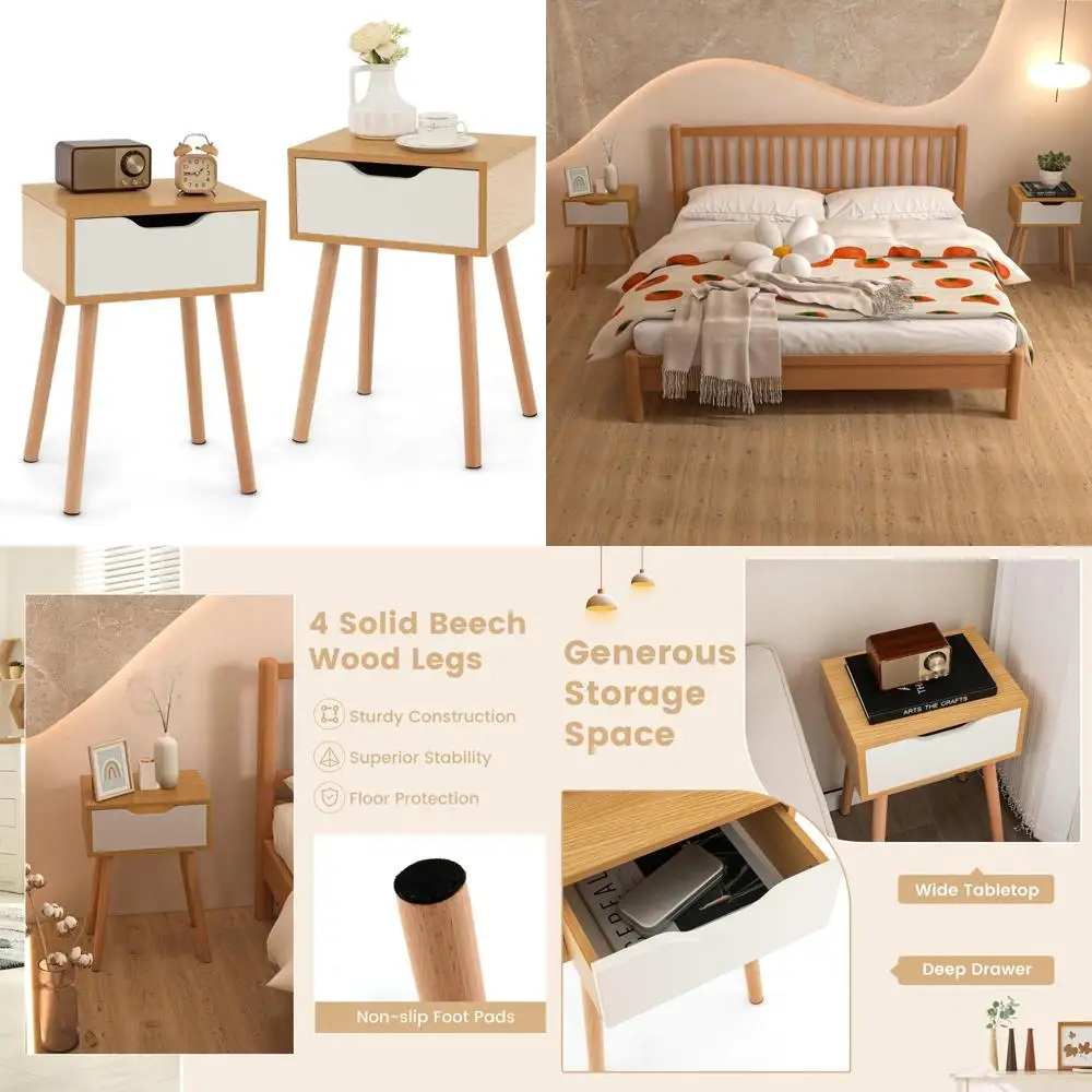 

Современный набор тумбочек середины века — состоящий из 2 предметов с ящиками, прикроватные тумбочки из массива бука, компактные приставные столики для хранения вещей