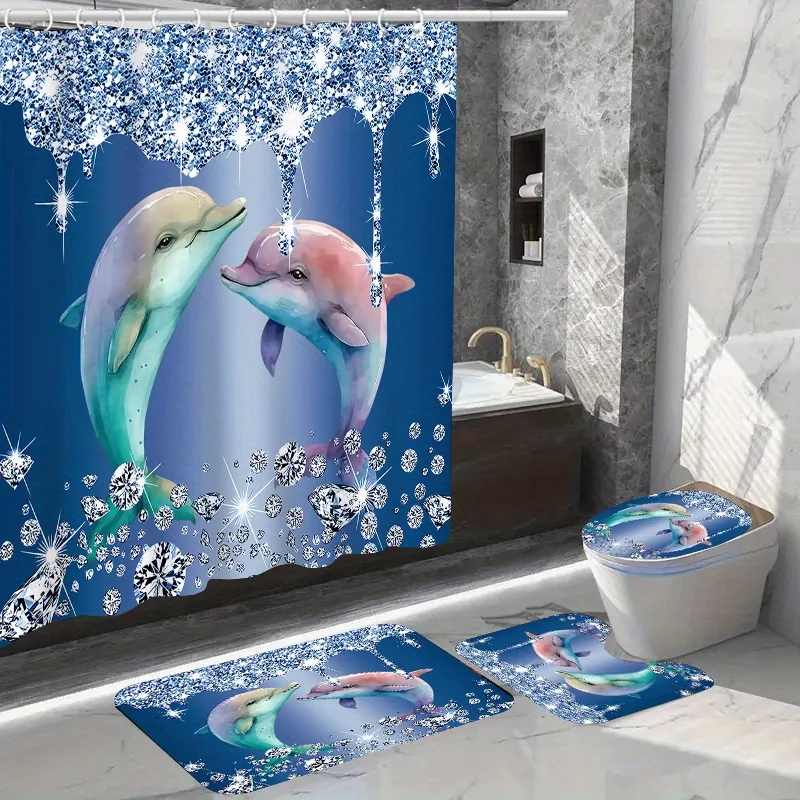 1/4pcs Diamond & Dolphin Printed Shower Curtain Set, Waterproof Shower Curtain With 12 Hooks, Non-Slip Bathroom Rug, Toilet U-Sh