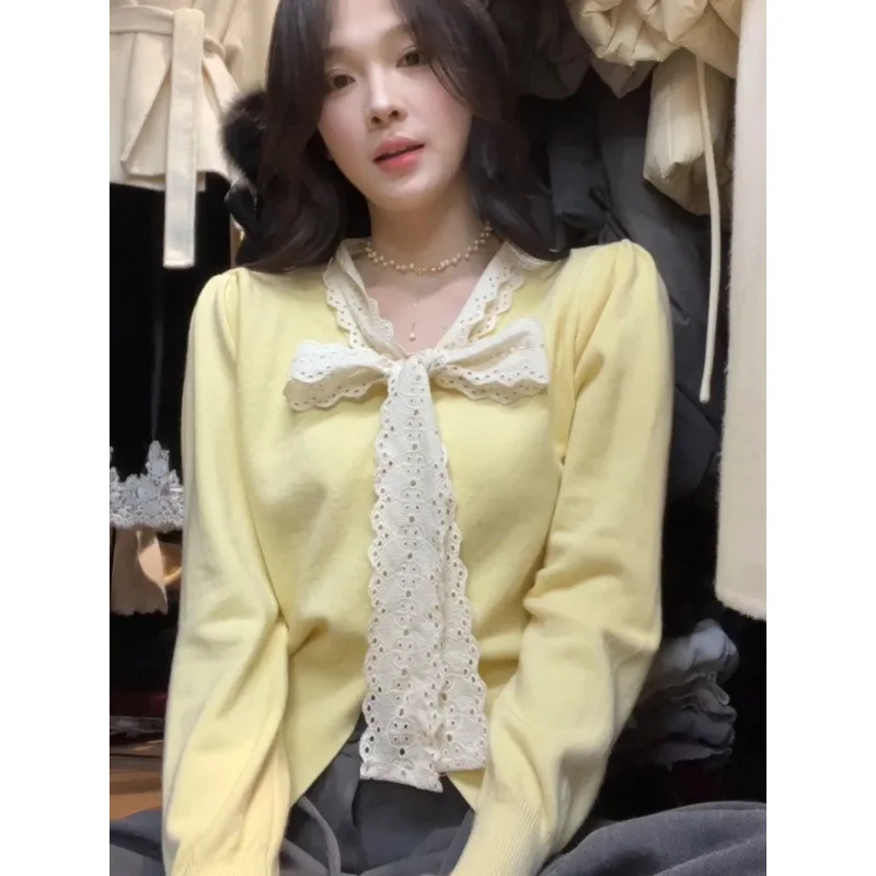 

Модный кардиган с ультра длинными рукавами и рукавами-крылышками, элегантный женский вязаный свитер, осень-зима, кружевной узел-бабочка