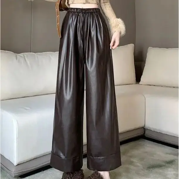 

Retro Loose Wide-Leg Pants Women 2024 Early Autumn New PU Leather Pants High-Waist Drape Straight Pants Casual Pants