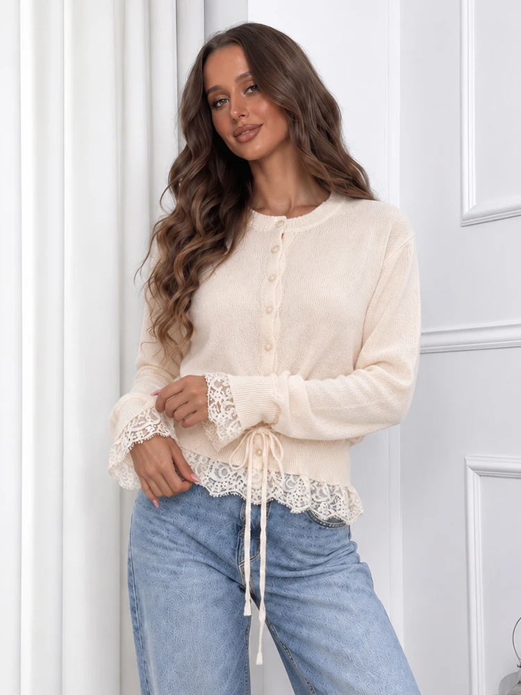 HH Women Elegant Lace Trim Apricot Cardigan O-Neck Single Breasted Drawstring Lace Spliced Top Autumn Fashion Date Sweet Outfit