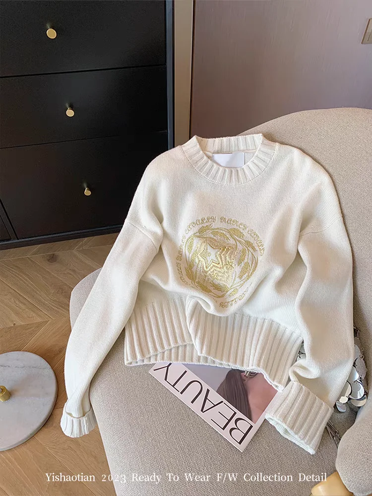 

White Wheat Ear Embroidery Round Neck Pullover Sweater Women's Spring 2024 Design Sense Casual Versatile Knitted Shirt X784