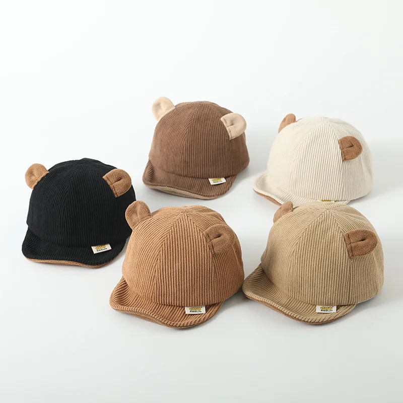 New Corduroy Baby Hat Solid Color Cute Bear Ear Adjustable Baseball Caps Newborn Toddler Boy Girl Sun Hats Winter Spring