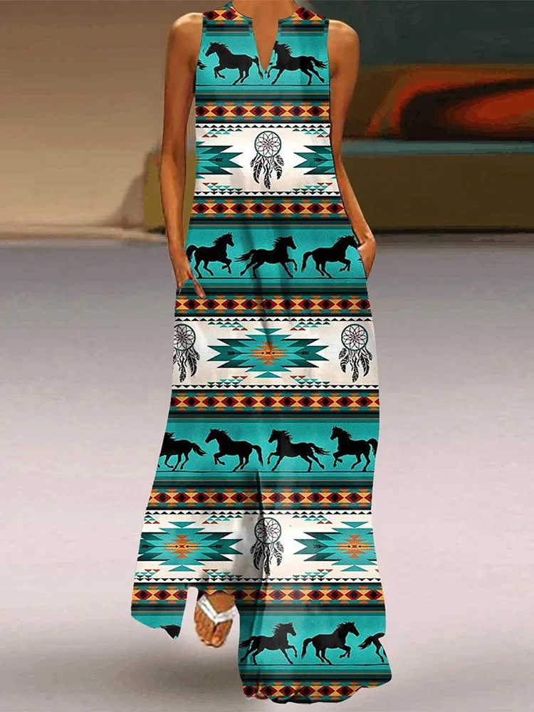 Abito bohémien con stampa geometrica retrò per abito lungo elegante con scollo a V alla moda, abito casual da vacanza, abito da sera per cena da cocktail