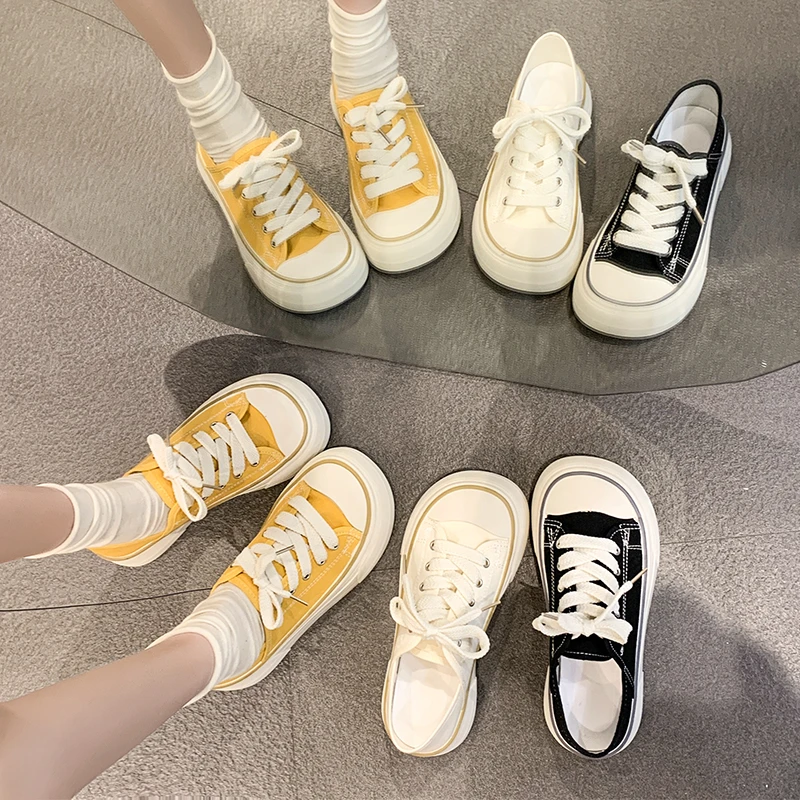 2024 Spring/Summer/Autumn New Thick Sole Round Head Canvas Shoes for Female Students Casual Korean Board Shoes