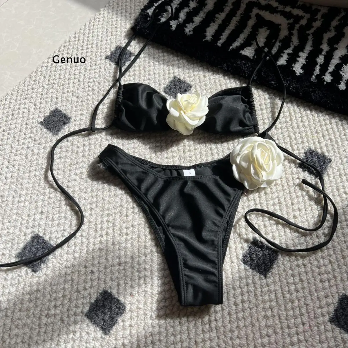 Elegantes 3D-Blumen-Bikini-Set für Damen, zweiteiliger Badeanzug mit Bügel, High-Cut-Sommer-Strandanzug
