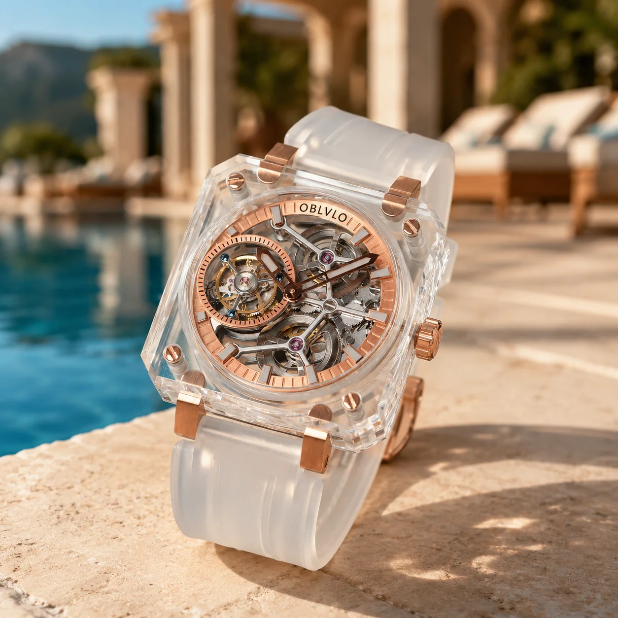 OBLVLO Men's Clear Square Automatic Watch with Rose Gold Hollow-out Dial Tourbillon Fashion Timepiece Soft Silicone Strap BR-TB