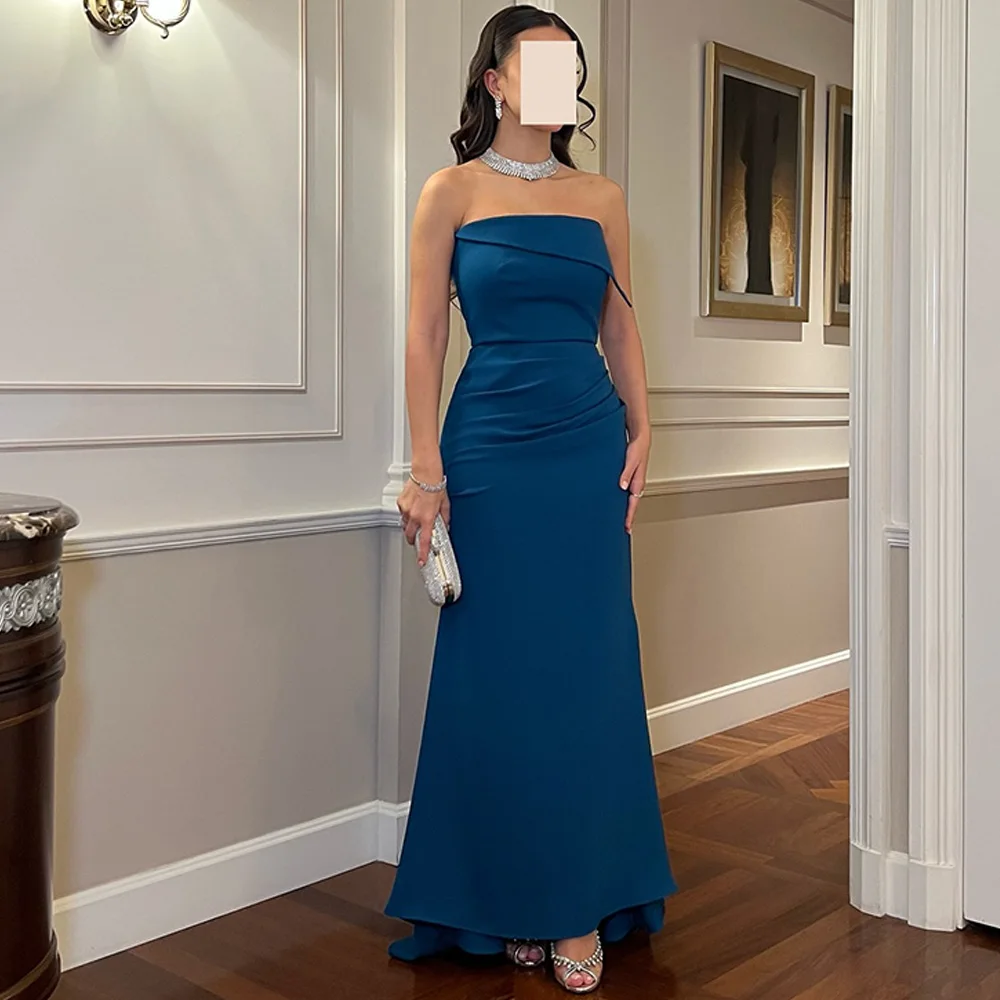 

Elegant Strapless Sleeveless Evening Dress Classic Mermaid Dark Blue Jersey Celebrity Gowns Simple Court Train Prom Dresses