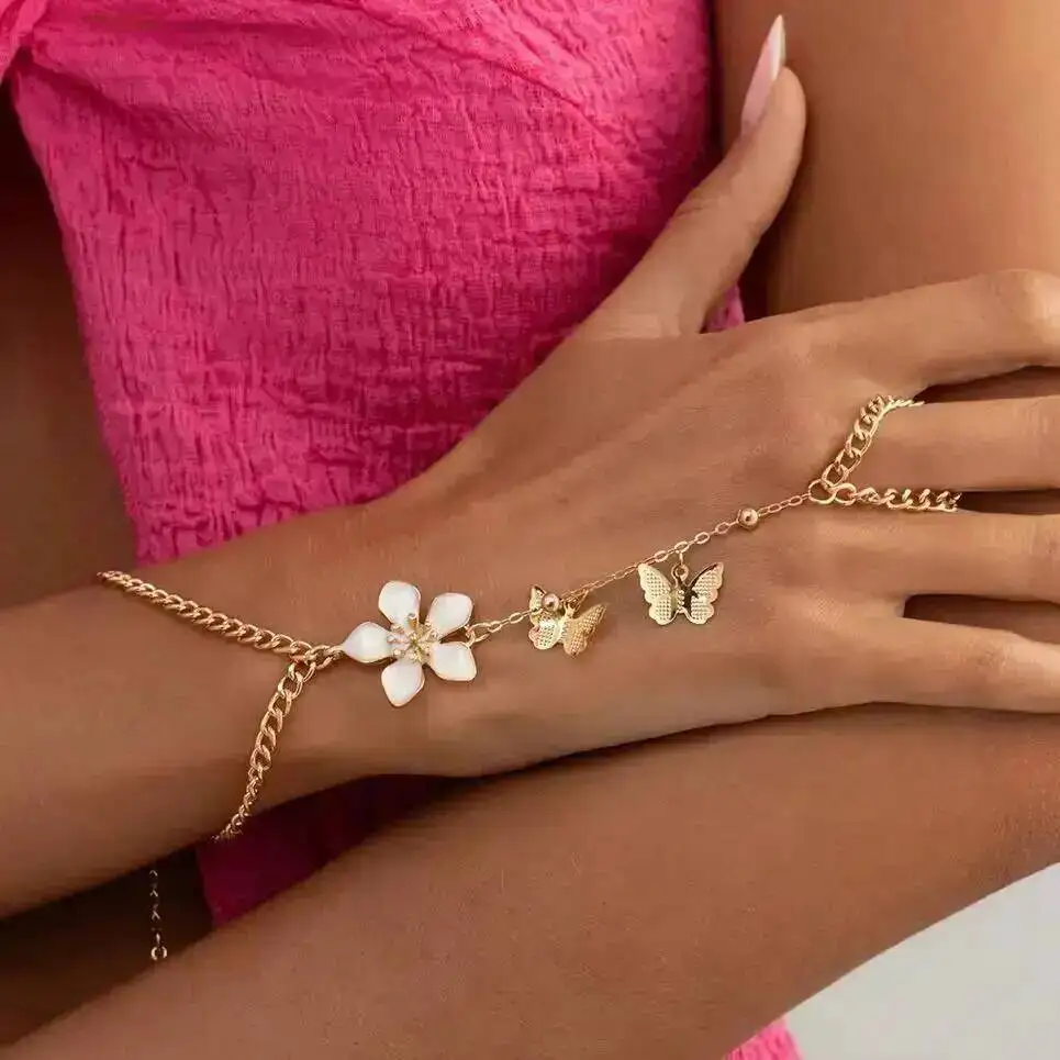 

KunJoe Exquisite Sweet Butterfly Tassel Flower Finger Bracelet Women Vintage Charm Drip Oil Floral Ring Bangle Jewelry Gift 2026
