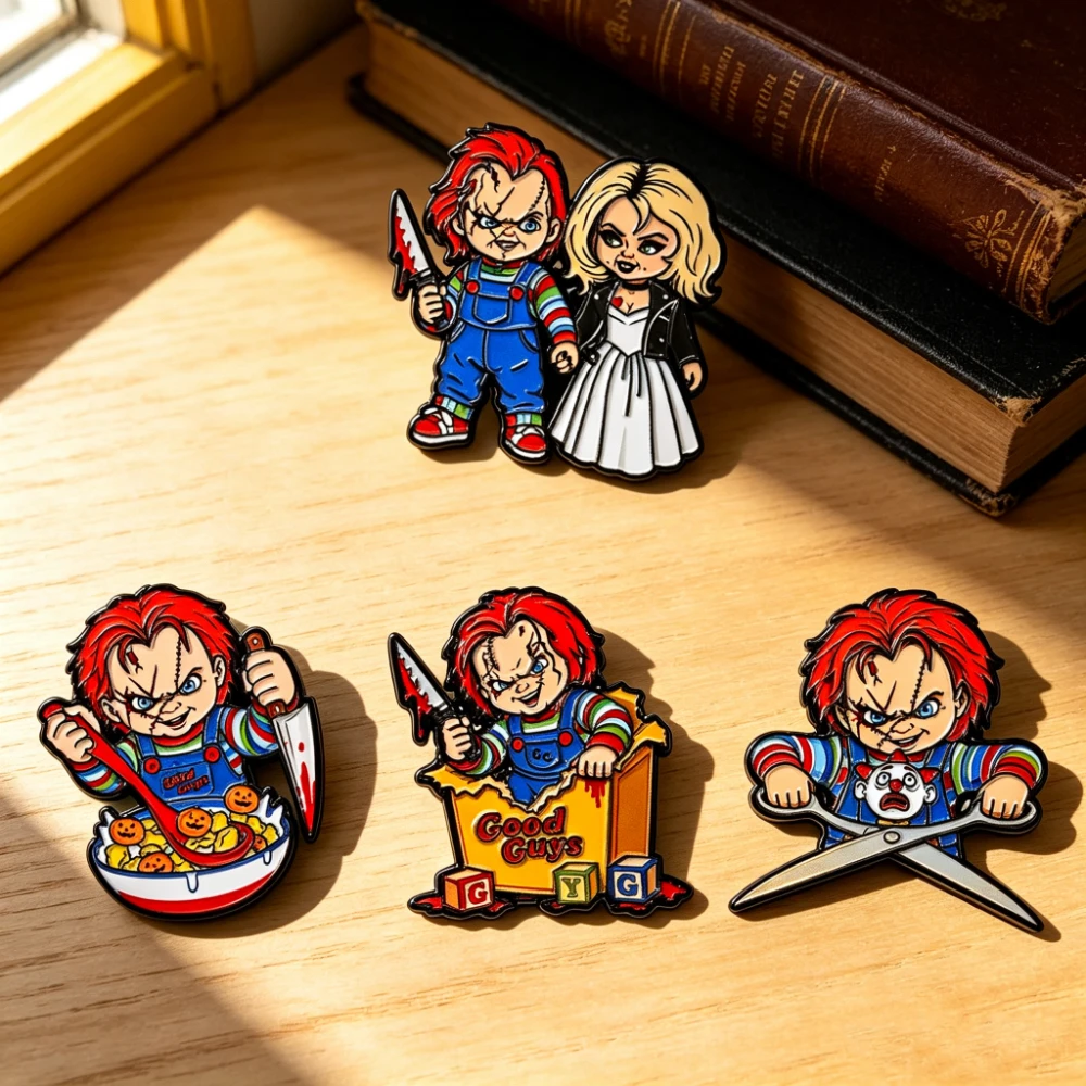 4Pcs Creepy Horror Movie Enamel Pin Set Cartoon Character Lapel Brooch Badge, Halloween Punk Metal Pins for Backpack Fans Gift