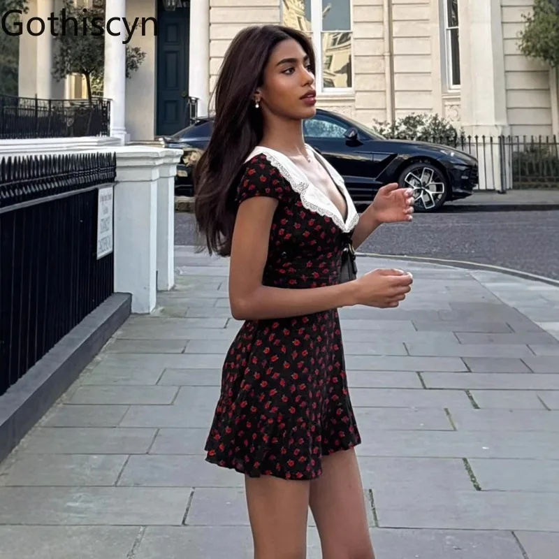 Gothiscyn フレンチターンダウンカラーローズプリントドレス女性の夏のエレガントなハイウエスト A ラインショートドレス女性服