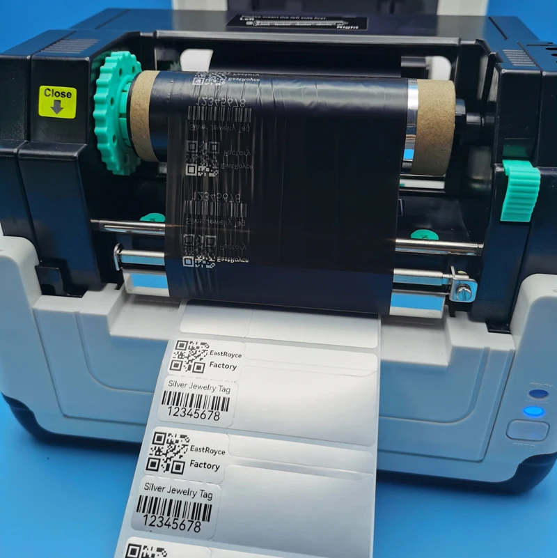 Imagem -02 - Pet Etiqueta Auto-adesiva Barcode Printer Ribbon Roll Reforçada All-resina Filme de Transferência Térmica Matte Silver Printing Paper 300m