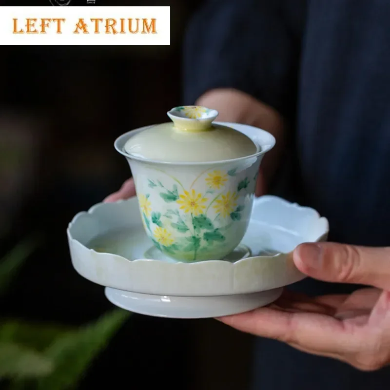 

120 мл китайская ручная роспись дикой хризантемы Gaiwan ретро чайная варенья чайная миска с крышкой комплект чайная крышка чаша кафе ремесло