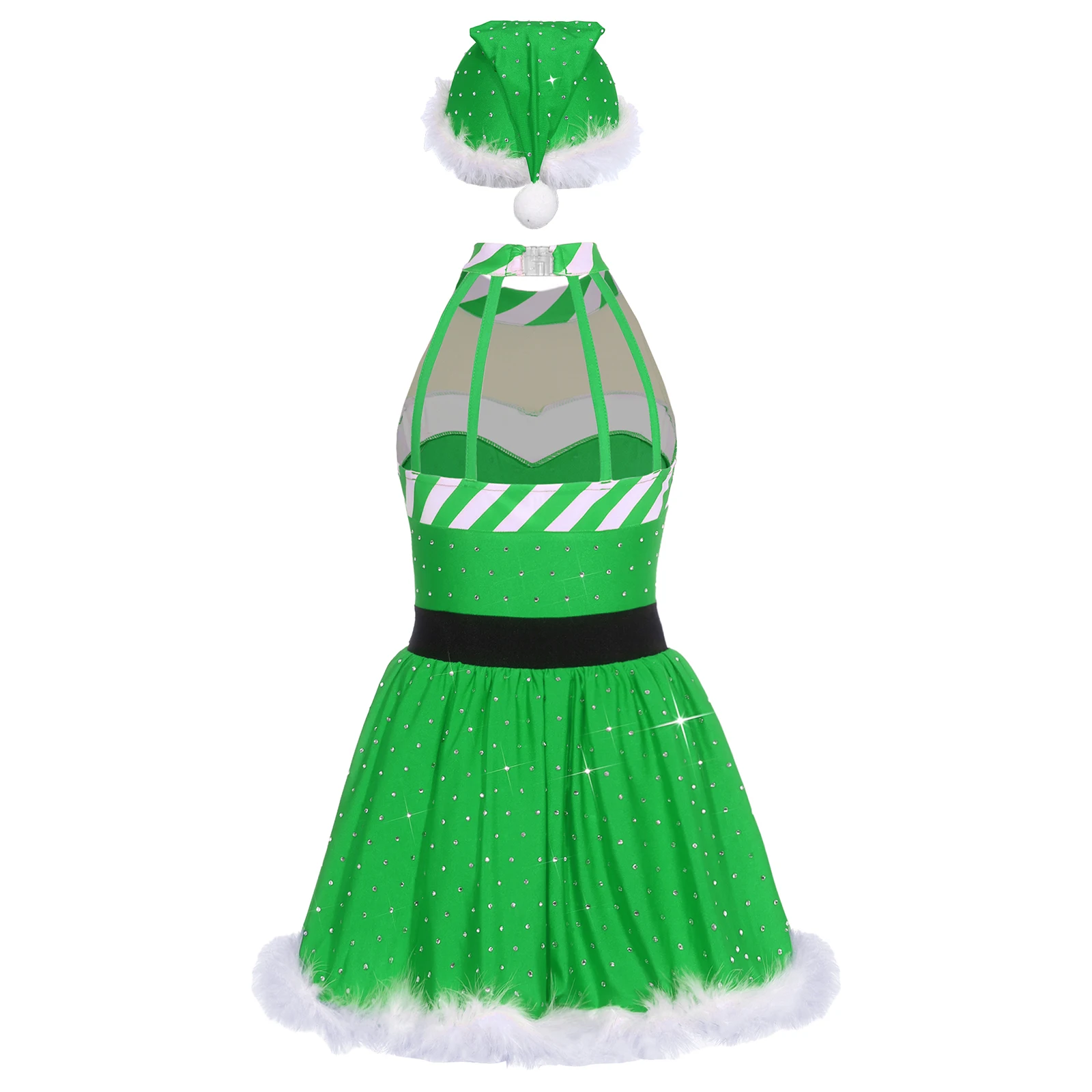 الفتيات سانتا عيد الميلاد ملابس رقص قصب الحلوى مخطط الباليه توتو فستان رقص بلا أكمام شبكة الراين يوتار فستان قبعة مجموعة #3