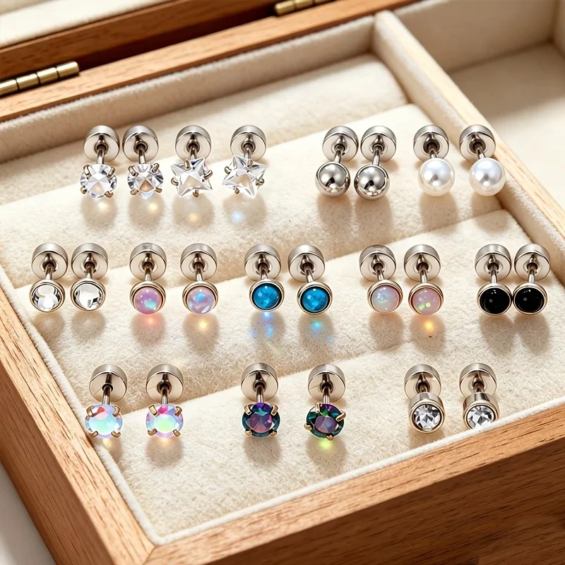 12 Paare/24 Stück Ohrstecker aus Edelstahl, runde Kugeln mit farbigen synthetischen Zirkonia-Steinen, hautfreundliches Ohrstecker-Set für – Detail 7