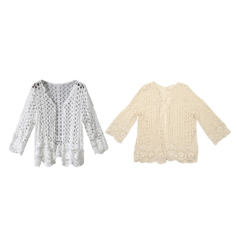 Women Long Sleeve Cardigan Hollow Out Crochet Knit Floral Sweater Cover Up Open Front Scalloped Mesh Beach Shrug Coat H9ED