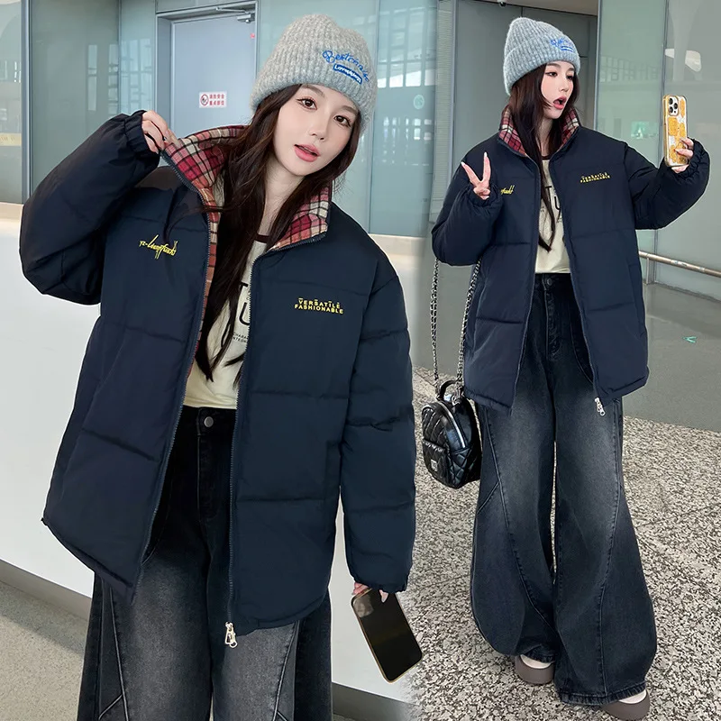 

Winter Plaid Patchwork Down Cotton Jacket Women Trend Contrast Color Stand Collar Padded Parkas Korean Zip Up Quilted Jacket