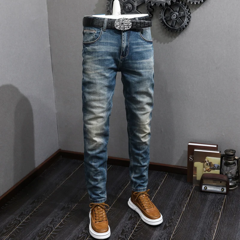 Jeans Pria Desainer Fashion Baru Jeans Sobek Pas Badan Ketat Kualitas Tinggi Celana Panjang Retro Pria Celana Denim Kasual Vintage Hombre