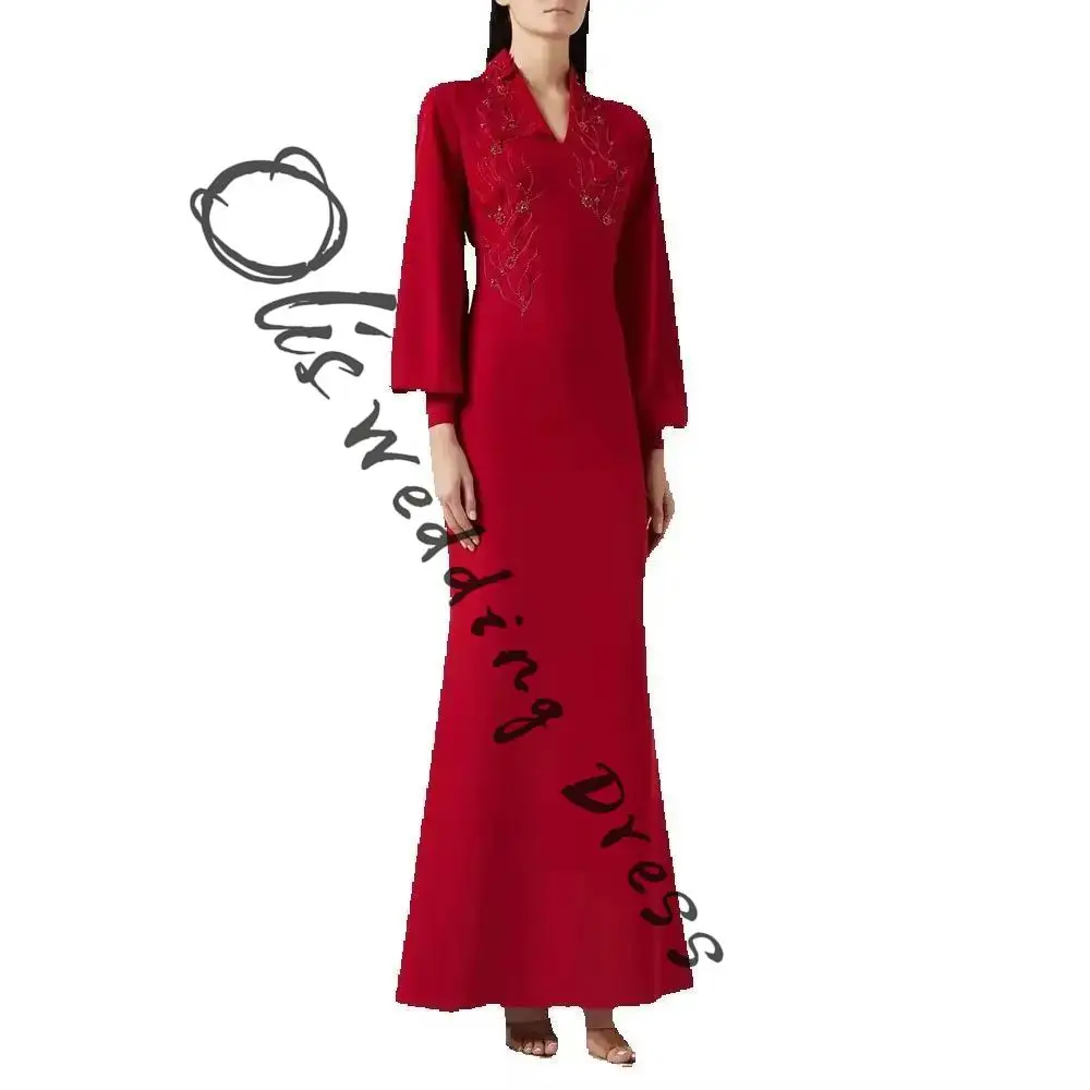 customized Red Crepe   with Appliques Beads V-neck Long Sleeve A-line Evening Dresses for Women Formal Wedding Guest D