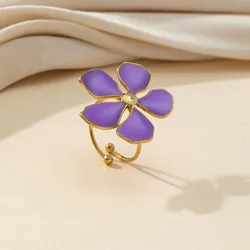 Trendy Geometric Adjustable Stainless Steel Ring for Women Gold Plated Minimalist Green Amaranth Fashionable Elegant Jewelry