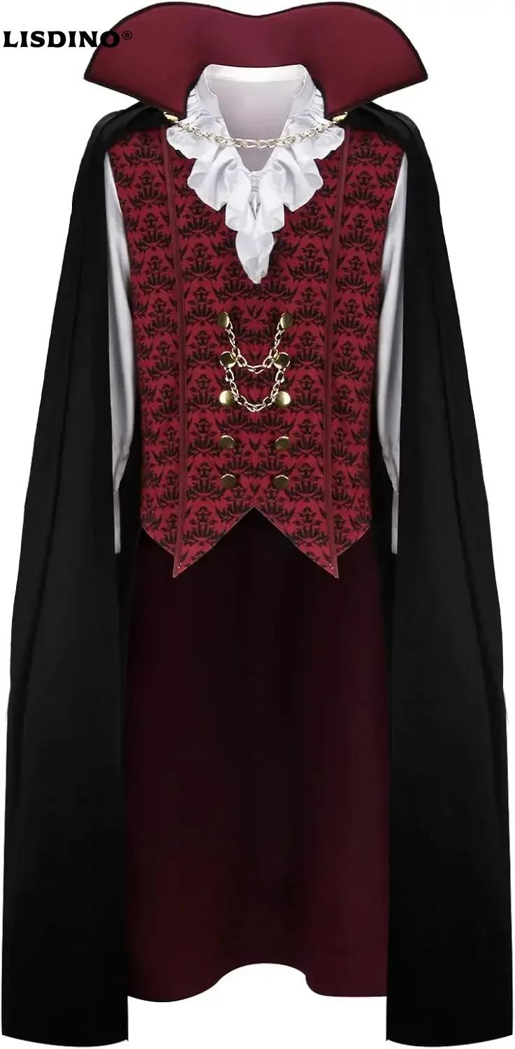 

1Adult Men Devil Vampire Costume Shirt Cloak Outfit Medieval Renaissance Victorian Gothic Halloween Cosplay Long Cape