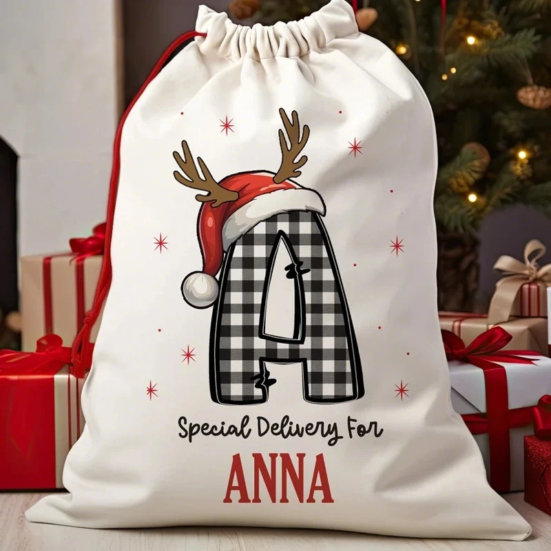 

Custom Christmas Gift Drawstring Bag Reusable Canvas Santa Bag With Personalized Names For Festive Decoration At Home And Giving