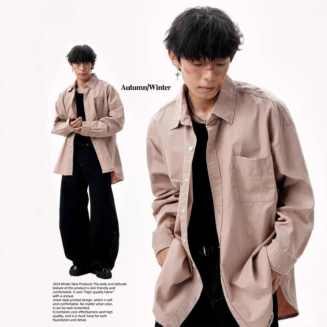 

Мужская рубашка в американском ретро-стиле с длинным рукавом, свободного кроя, с воротником, универсальная, модная, из смесовой хлопковой ткани, весенний сезон