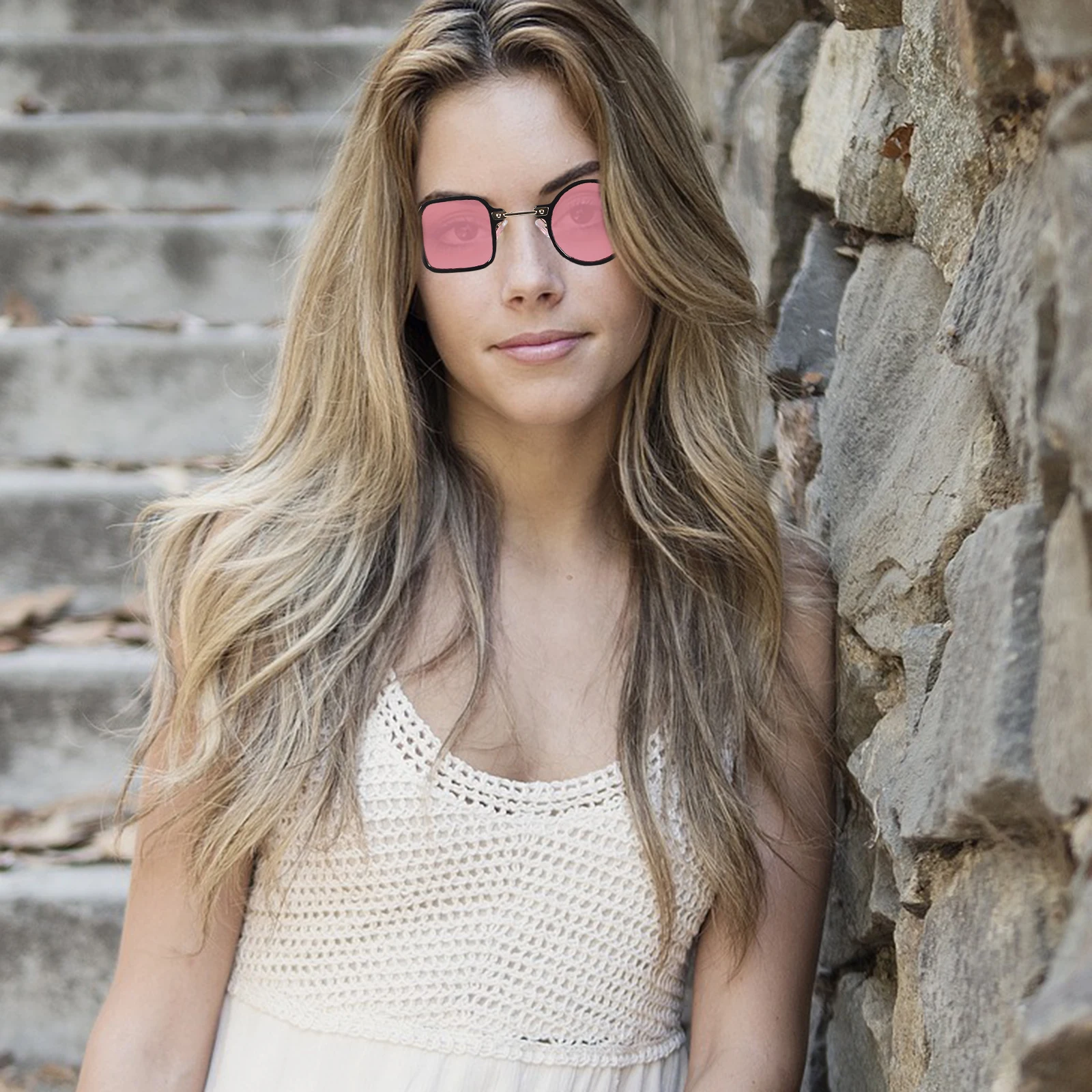 

Sunglasses Women Black Frame Pink Lens Irregular Design UV400 Protection Outdoor Girl Birthday Accessories
