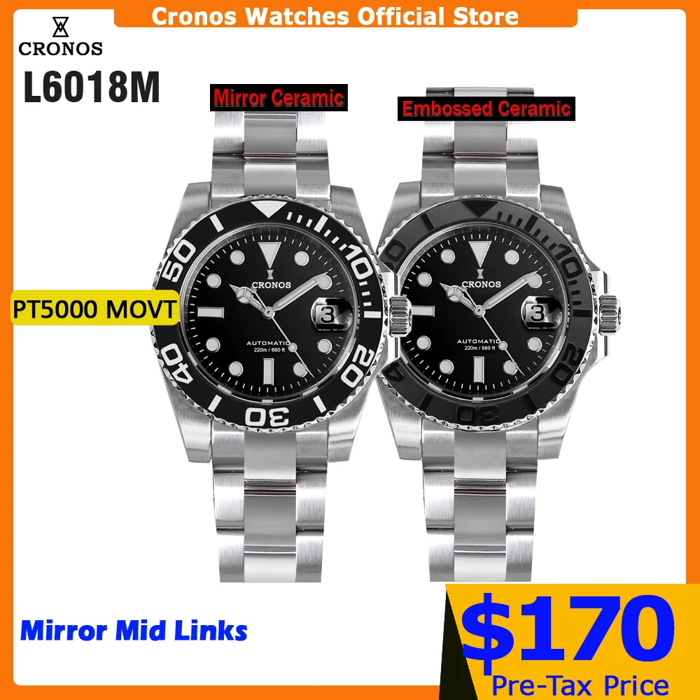 Cronos Sub Diver Men Watch Stainless Steel PT5000 Brushed Bracelet Ceramic Bezel 200 Meters Water Resistant L6018