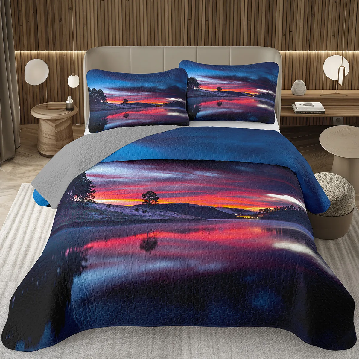 

Sunset Scenery Bedspread Queen/Full Natural Landscape Quilted Coverlet 2/3Pcs Reversible Grey Bedding Set for Boy Girl Room Dorm
