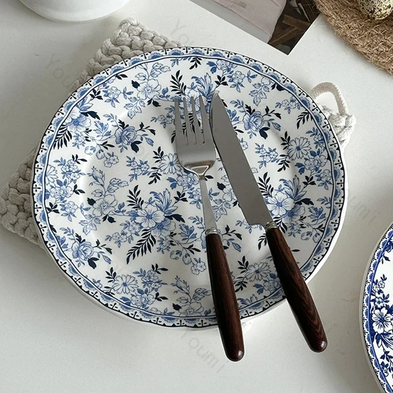 Retro Chinese Style Dining Plates Light Luxury Small Flowers Ceramic Plate Afternoon Tea Dessert Fruit Plate Exquisite Tableware