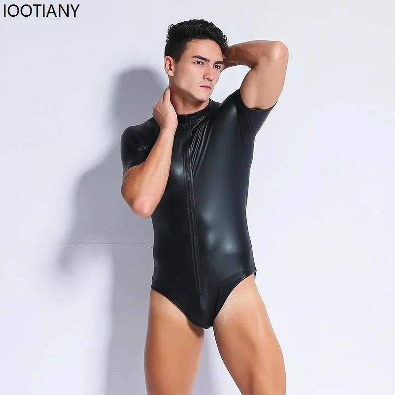 짧은 소매 지퍼 라텍스 남자 스타킹 고딕 인조 가죽 바디 슈트 코스프레 섹시한 블랙 Pvc 라텍스 게이 바디 슈트 스타킹 클럽 의상