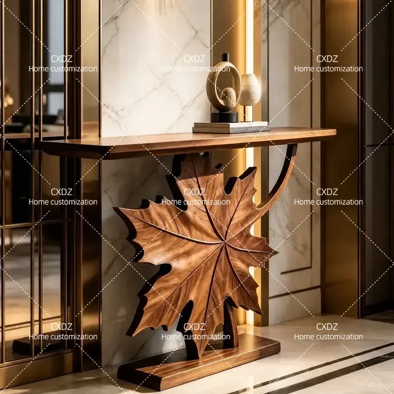 New Chinese Style Black Walnut Entrance Table Maple Leaf Shape Solid Wood Console Table High End Entryway End View Table
