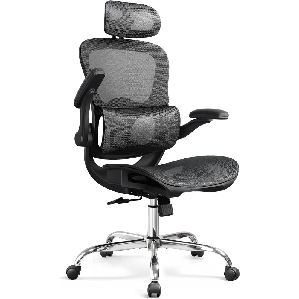 كرسي مكتب منزلي شبكي مريح مع دعم قطني، كرسي ألعاب كمبيوتر عالي الظهر مع مساند للذراعين قابلة للطي، ثلاثي الأبعاد #1